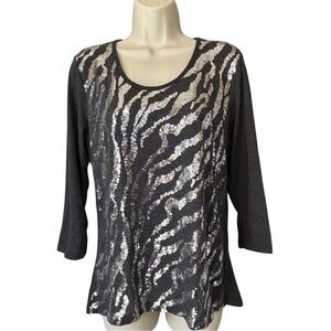 VTG New Susan Lawrence Women's PL Top Grey Zebra Print Sequined Long Sleeve Soft